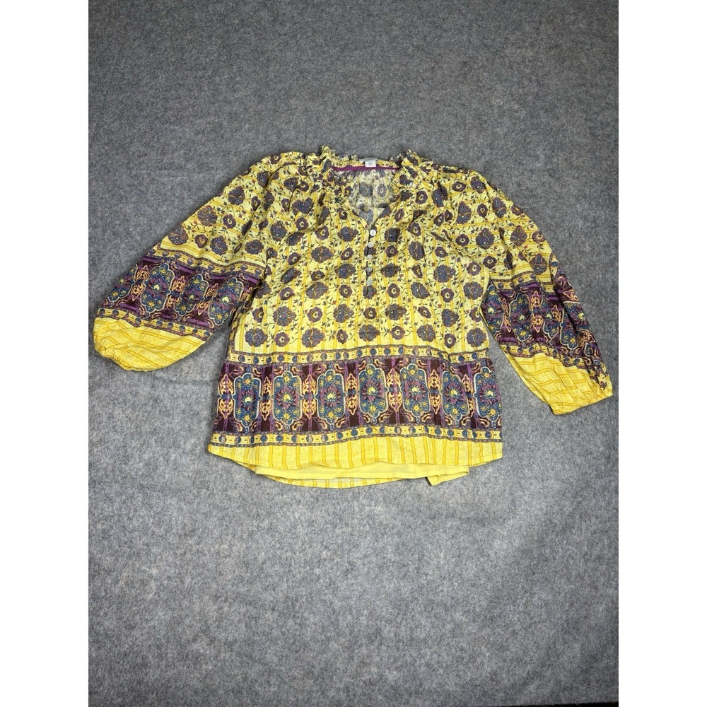 Sundance Angelou Women XS Henley Blouse Yellow Floral Cotton Boho Peasant Top